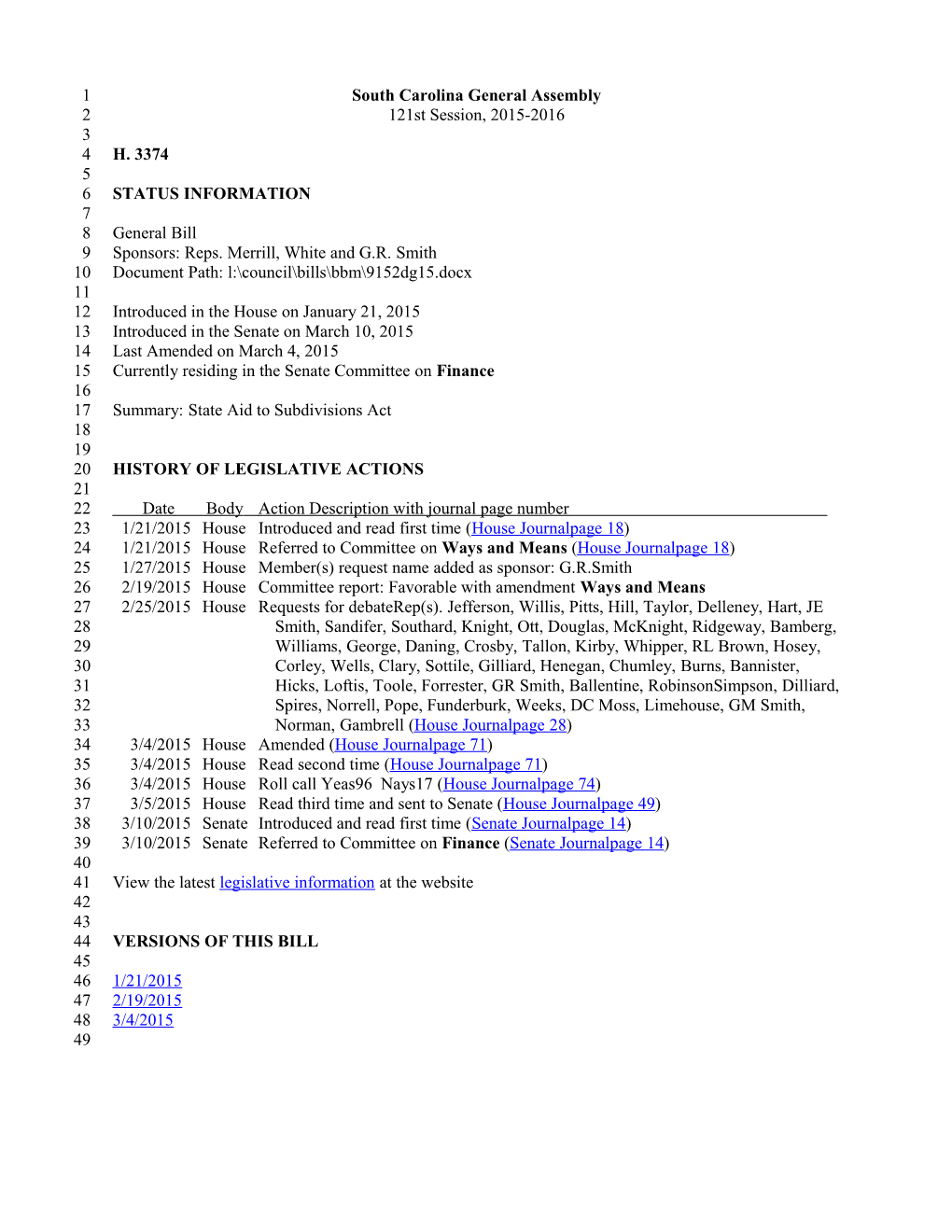 2015-2016 Bill 3374: State Aid to Subdivisions Act - South Carolina Legislature Online