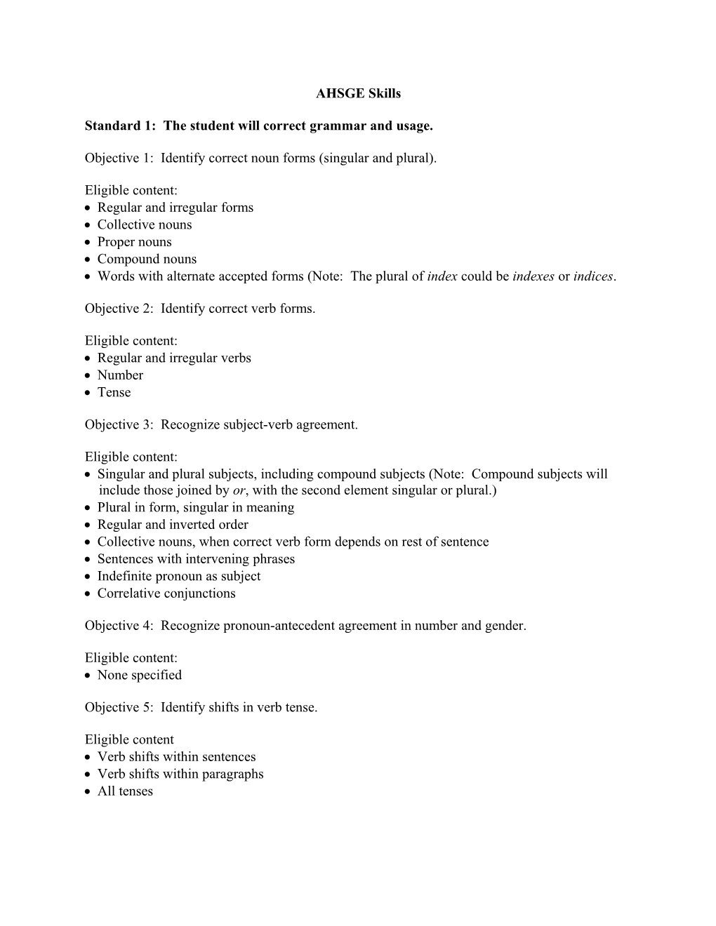 Standard 1: the Student Will Correct Grammar and Usage