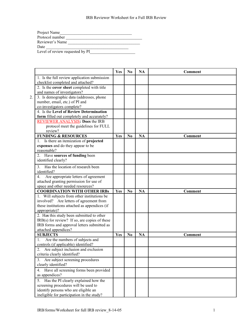 Worksheet for IRB Review