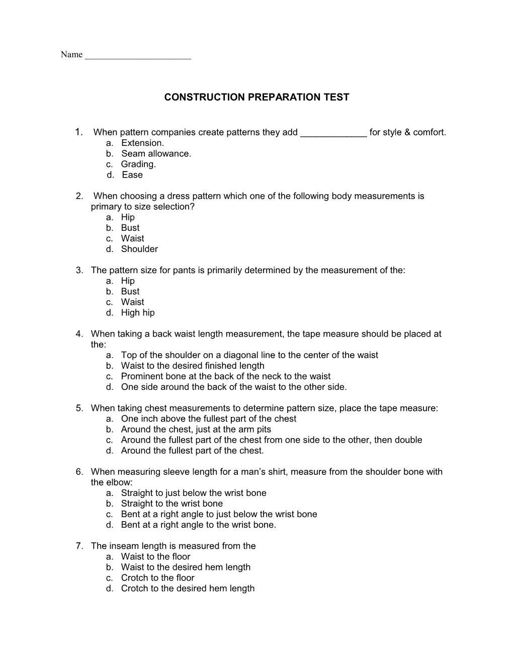 Construction Preparation Test