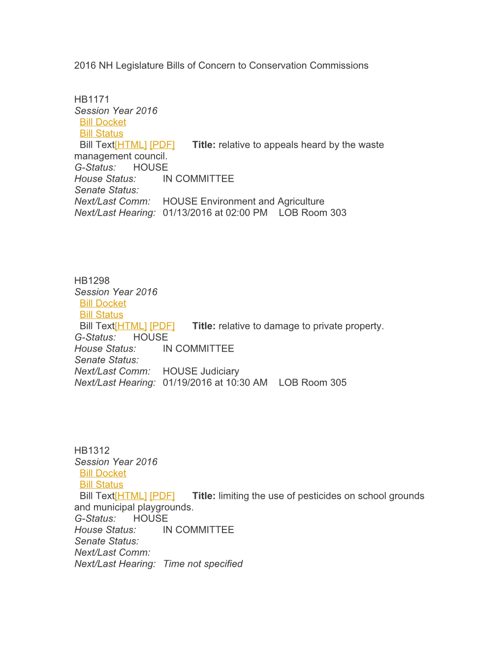 2016 NH Legislature Bills of Concern to Conservation Commissions