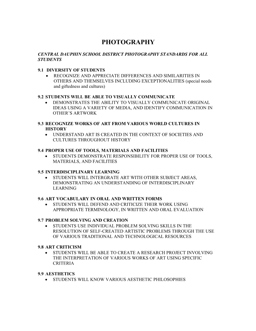 Central Dauphin School District Photography Standards for All Students