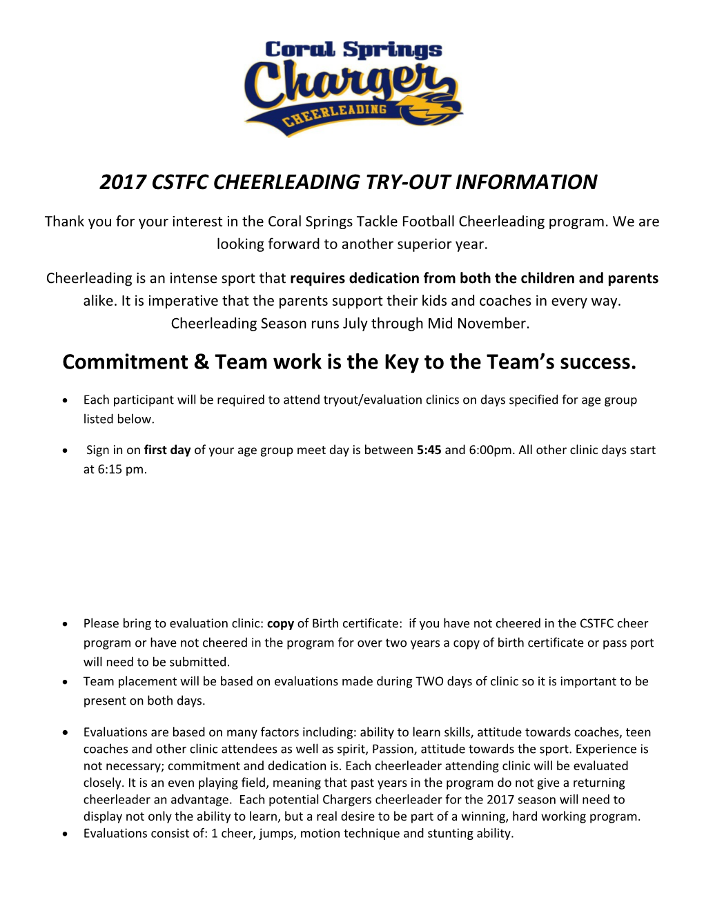 2017 Cstfc Cheerleading Try-Out Information