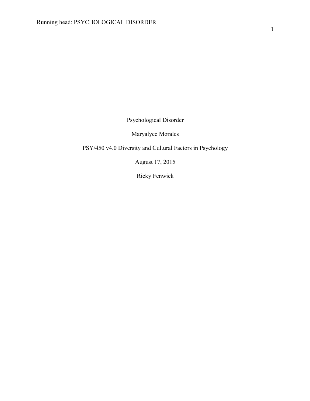 PSY/450 V4.0 Diversity and Cultural Factors in Psychology