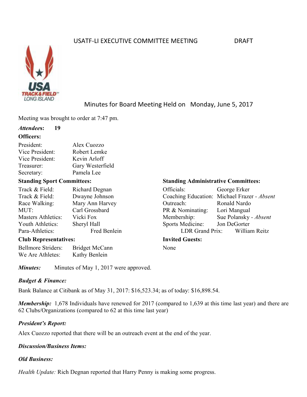 Usatf-Li Executive Committee Meetingdraft