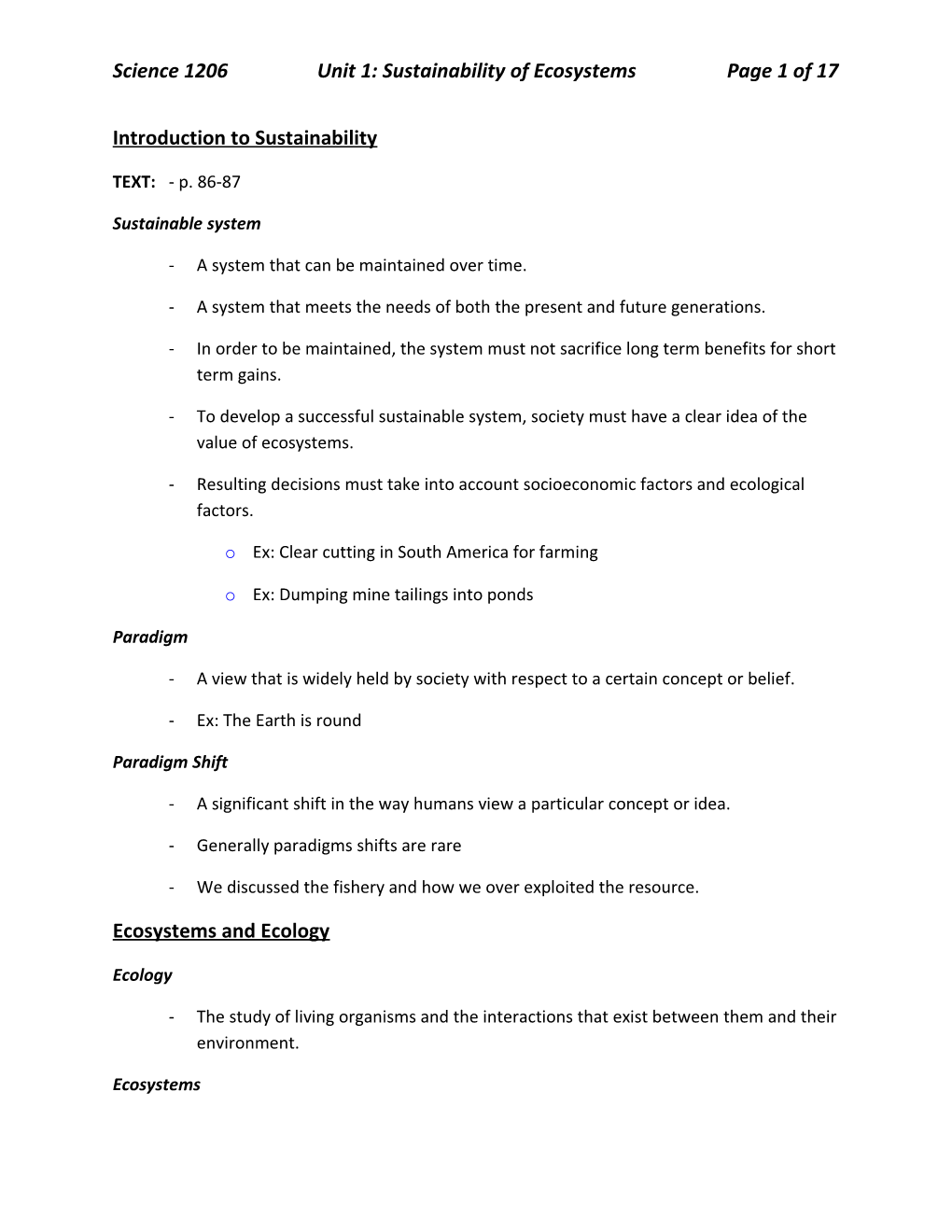 Science 1206Unit 1: Sustainability of Ecosystemspage 1 of 15