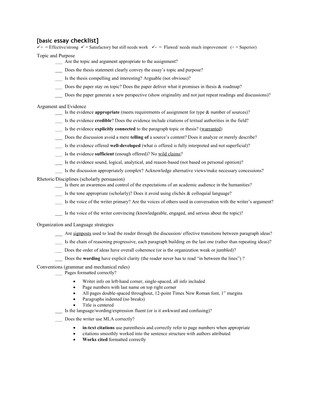 Basic Essay Checklist