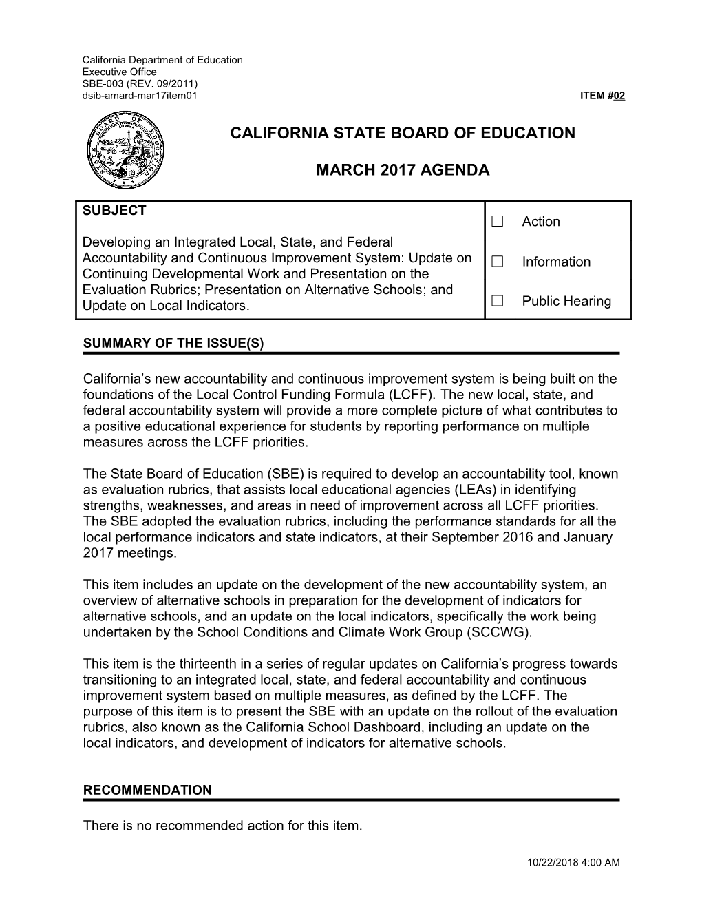 March 2017 Agenda Item 02 - Meeting Agendas (CA State Board of Education)