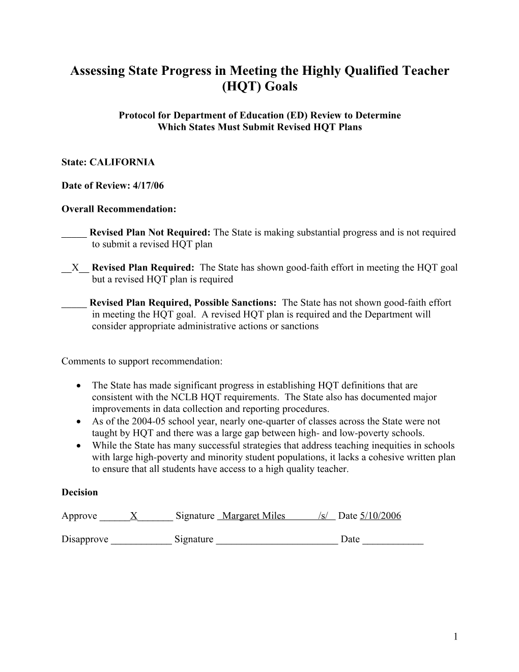 Assessing State Progress in Meeting the Highly Qualified Teacher (HQT) Goals - California