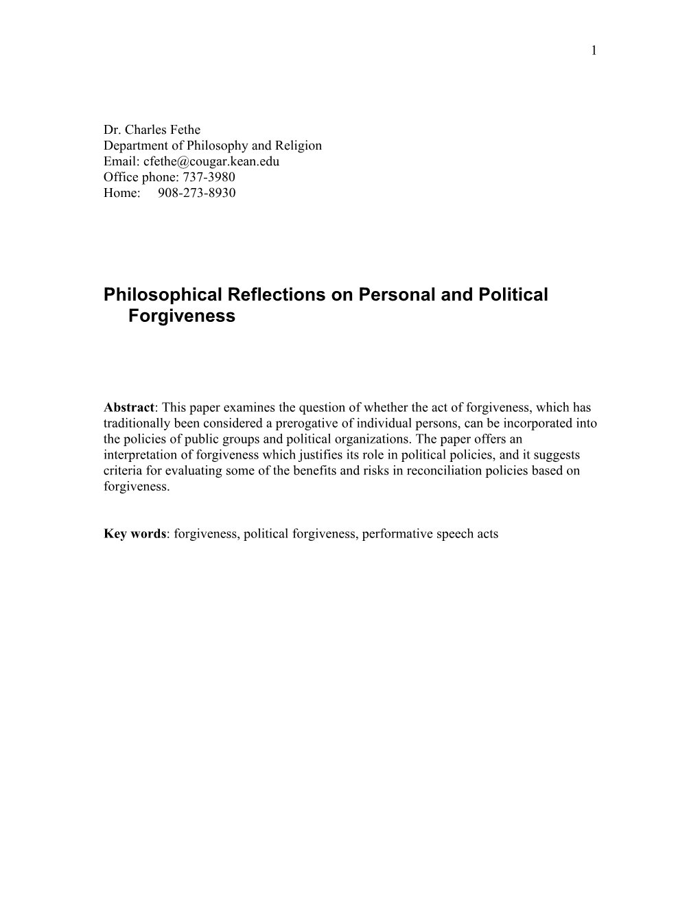 Philosophical Reflections on Personal and Political Forgiveness
