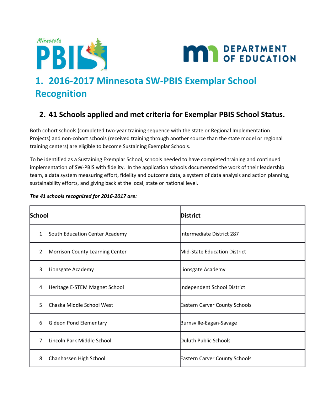 2016-2017 Minnesota SW-PBIS Exemplar School Recognition