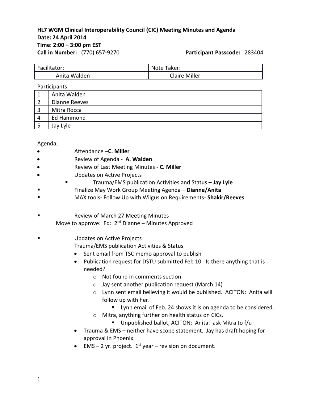 HL7 WGM Clinical Interoperability Council (CIC) Meeting Minutes and Agenda