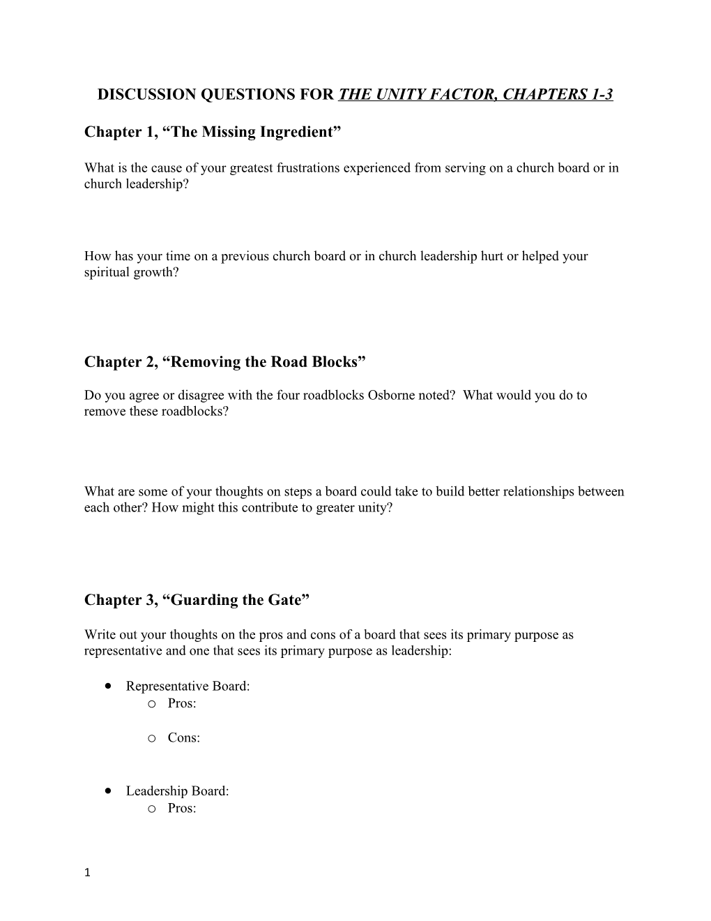 Discussion Questions for the Unity Factor, Chapters 1-3