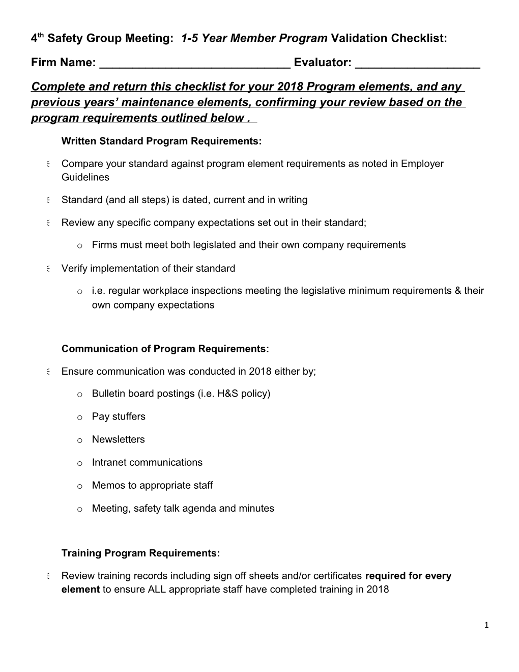 4Th Safety Group Meeting: 1-5 Year Member Program Validation Checklist