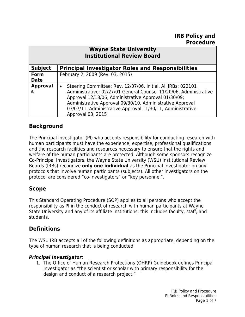 Principal Investigator Roles and Responsibilities