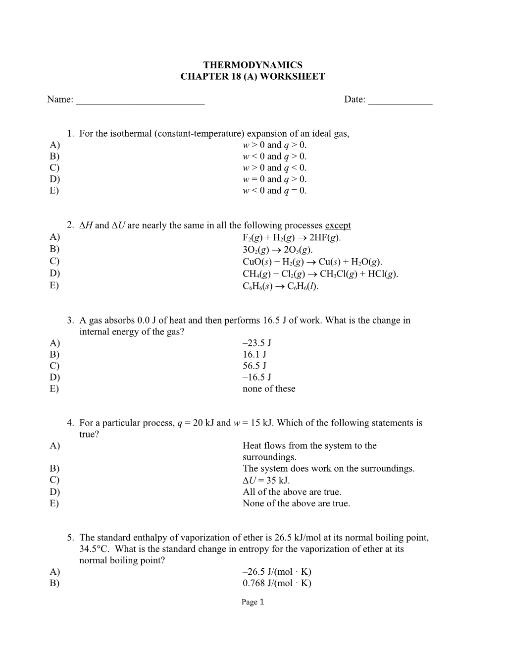 Chapter 18 (A) Worksheet