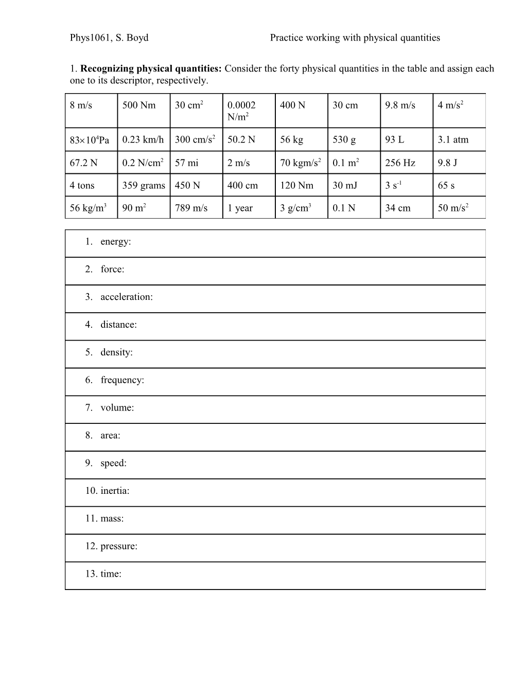 Phys1061, S. Boydpractice Working with Physical Quantities