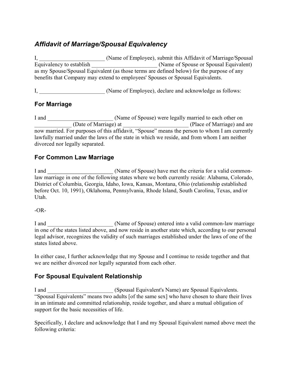 Affidavit of Marriage/Spousal Equivalency