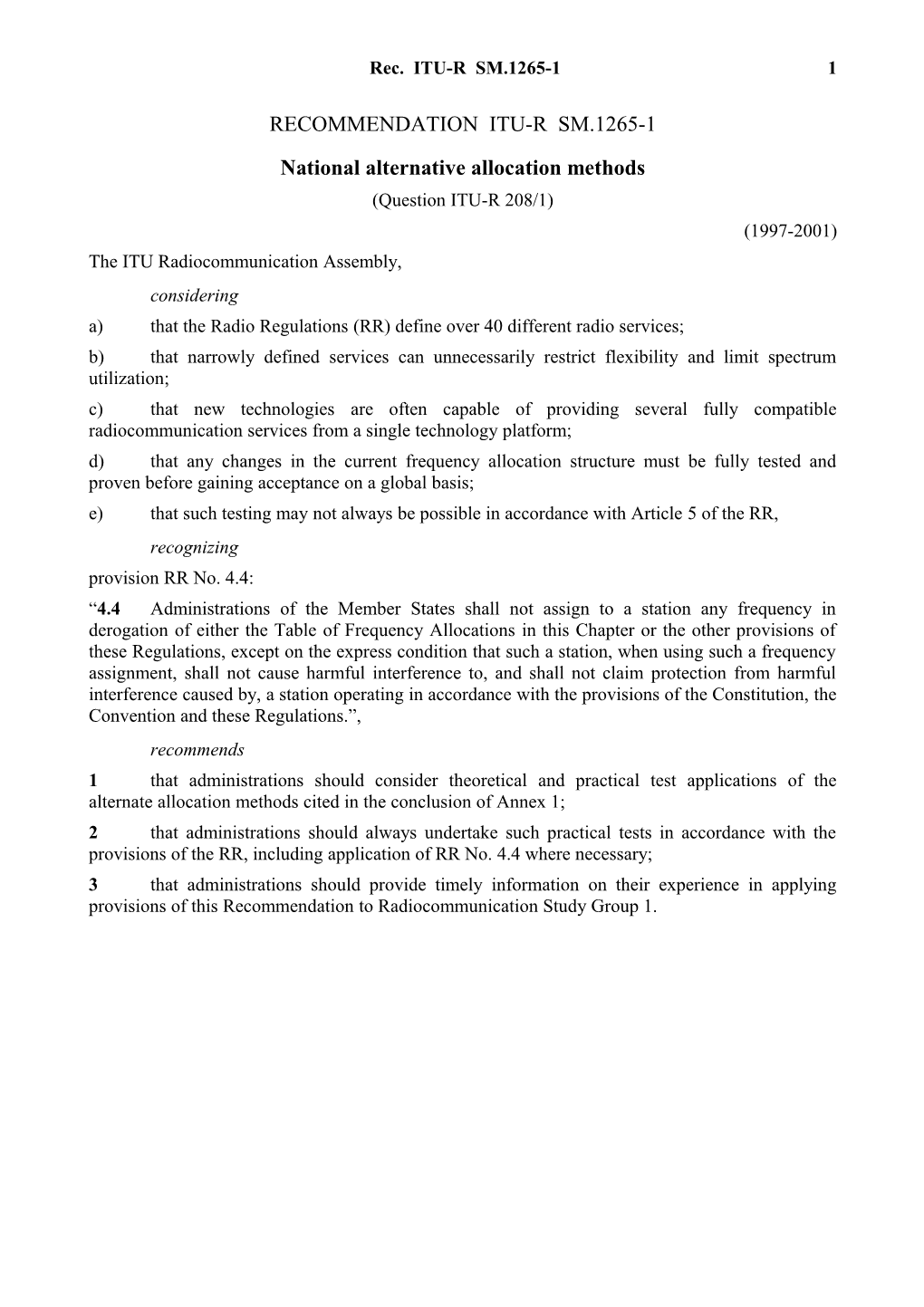 RECOMMENDATION ITU-R SM.1265-1 - National Alternative Allocation Methods