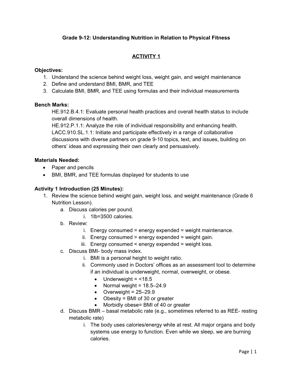 Grade 9-12: Understanding Nutrition in Relation to Physical Fitness