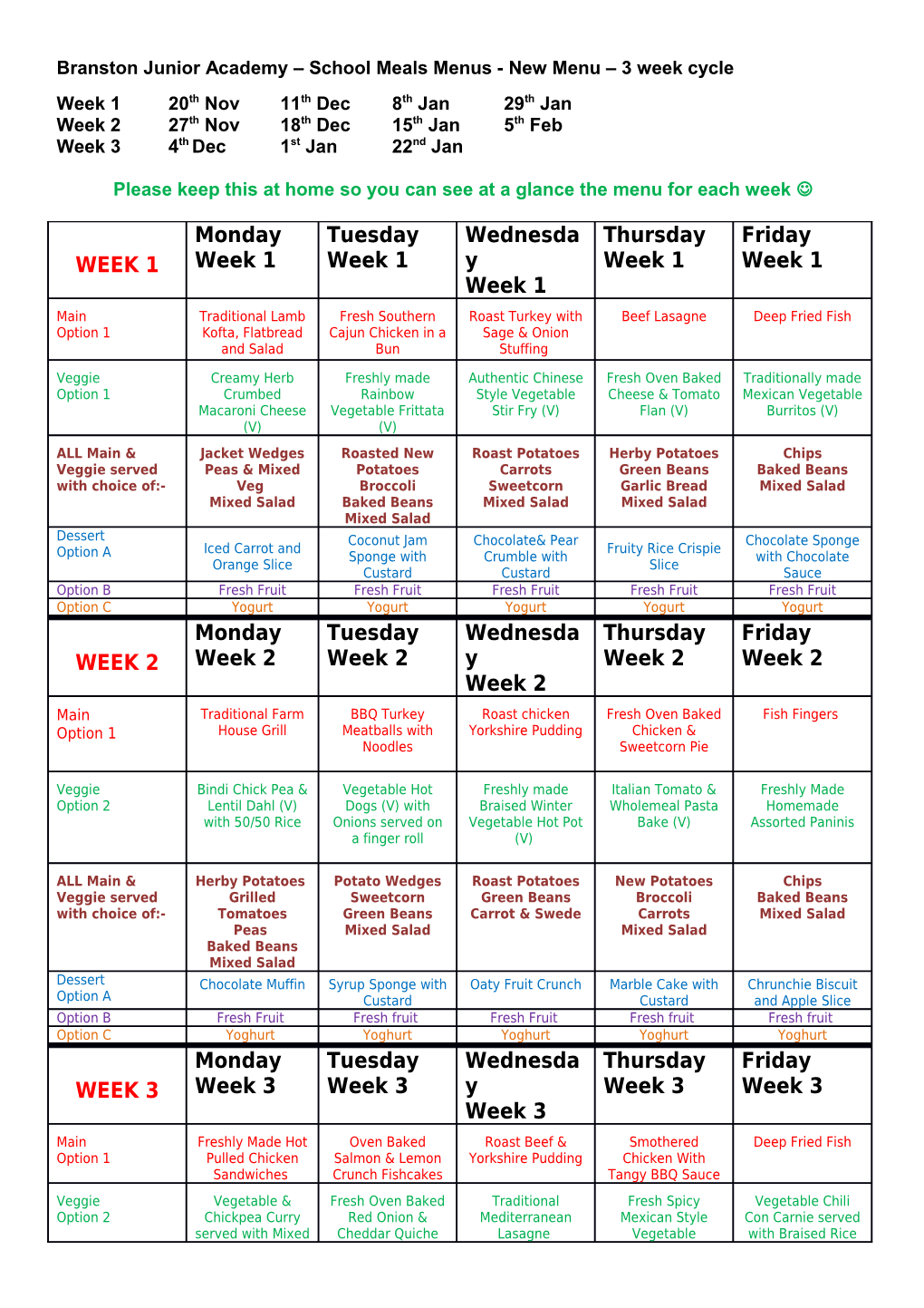 Branston Junior Academy School Meals Menus - New Menu 3 Week Cycle