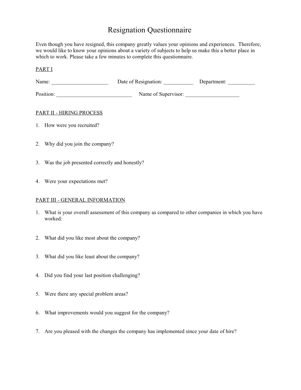 Resignation Questionnaire