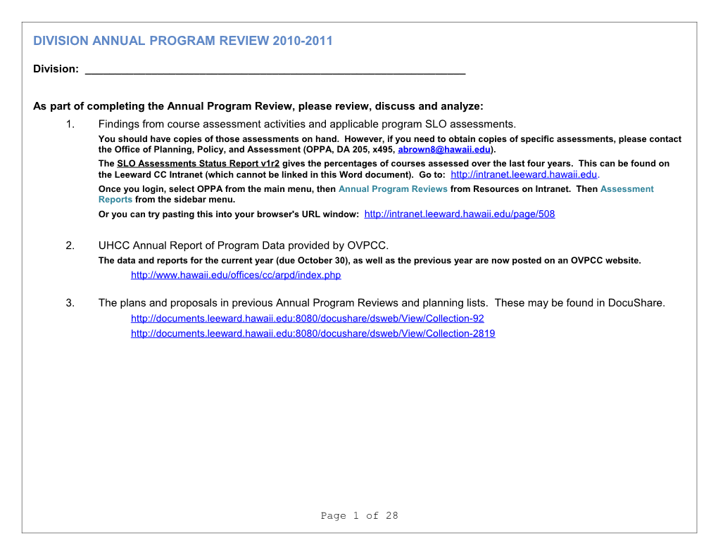 Division Annual Program Review 2010-2011