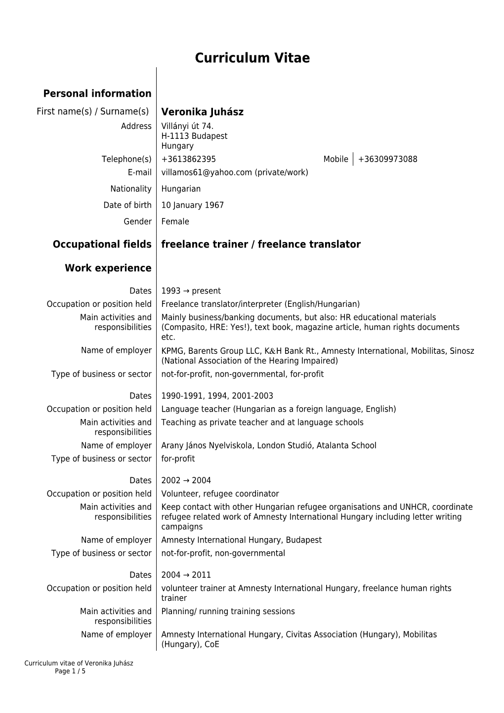 Curriculum Vitae of Veronika Juhász Page 1 / 4