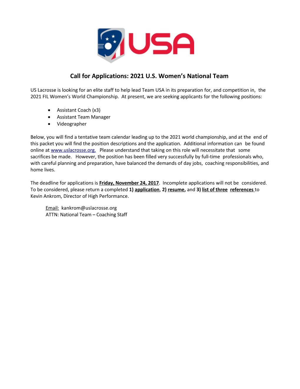 Callfor Applications:2021U.S.Women S Nationalteam