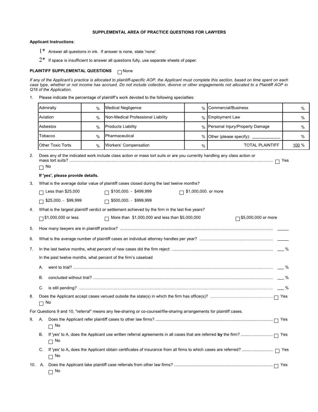 Supplemental Area of Practice Questions for Lawyers