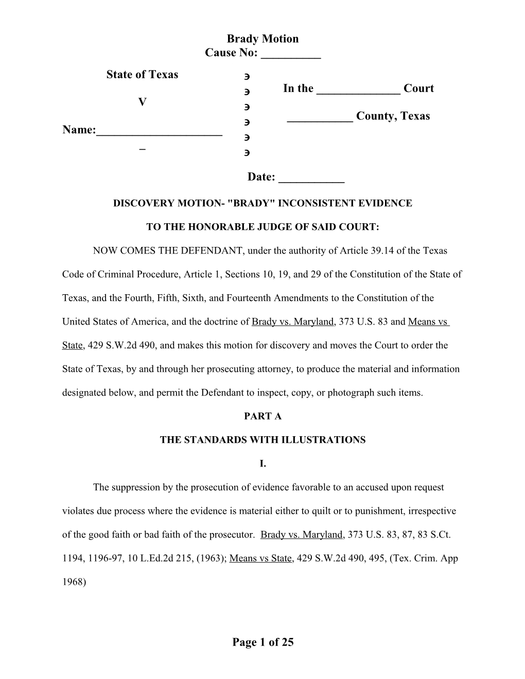 Discovery Motion- Brady Inconsistent Evidence