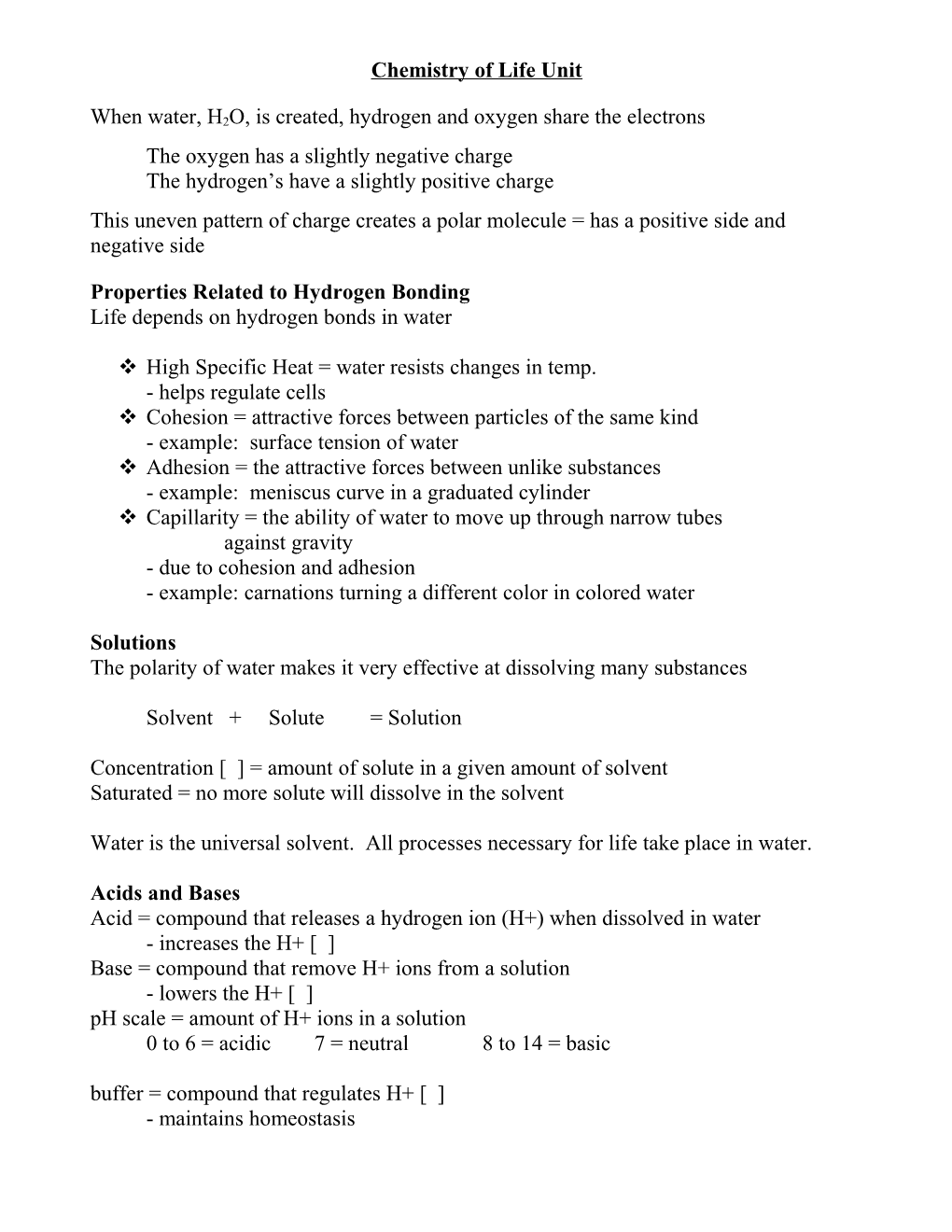 Chemistry of Life Unit