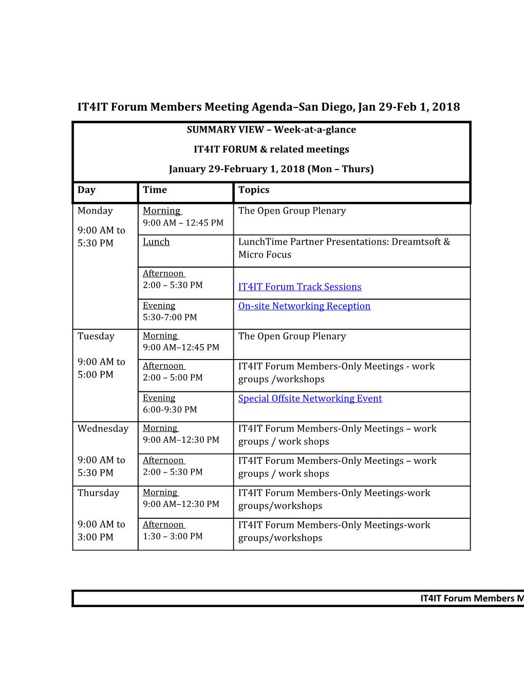 IT4IT Forum Members Meeting Agenda San Diego, Jan 29-Feb 1,2018