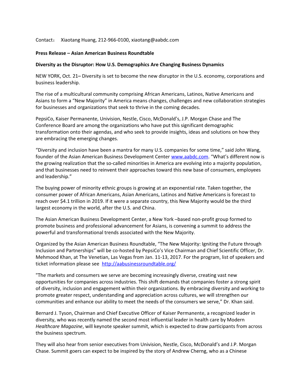 Press Release Asian American Business Roundtable