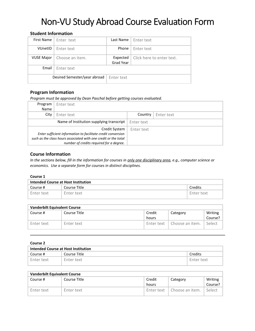 Non-VU Study Abroad Course Evaluation Form