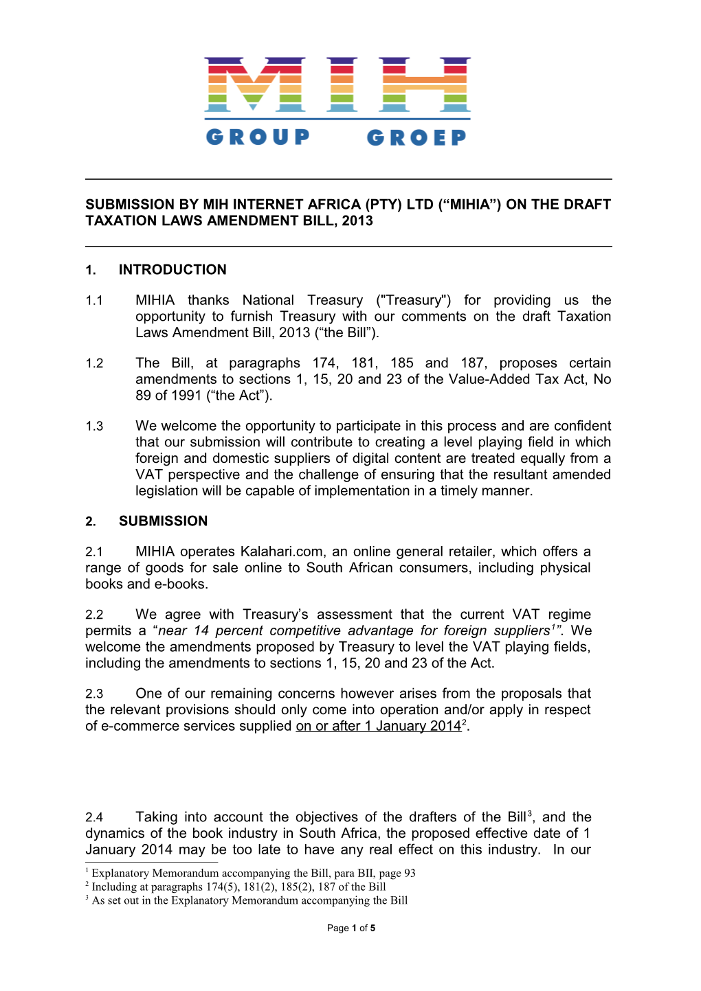 Submission by Mih Internet Africa (Pty) Ltd ( Mihia ) on the Draft Taxation Laws Amendment