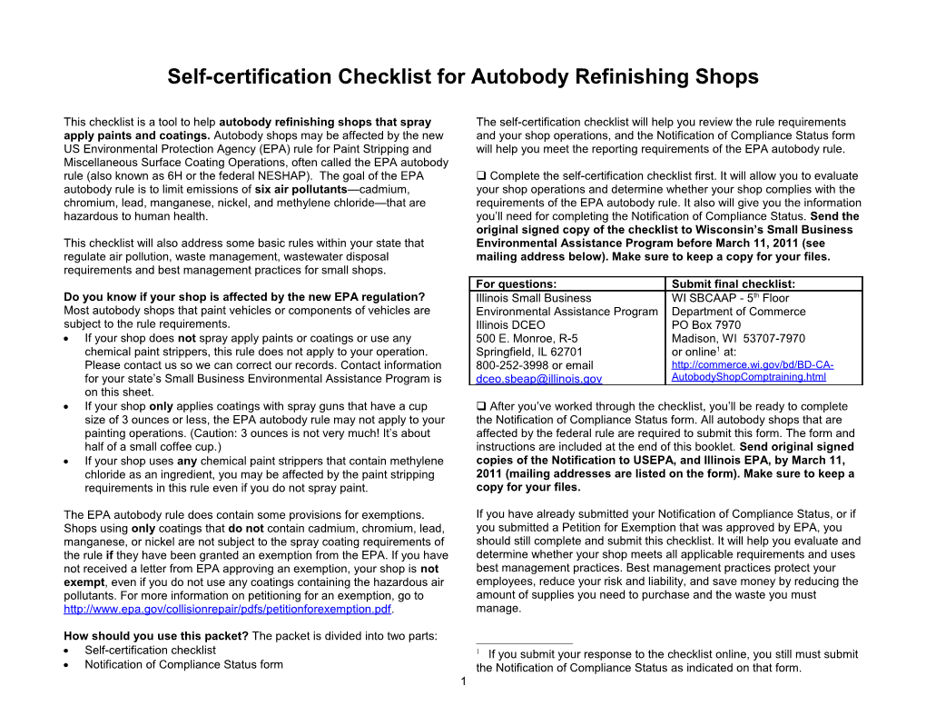 Self-Certification Checklist for Autobody Refinishing Shops