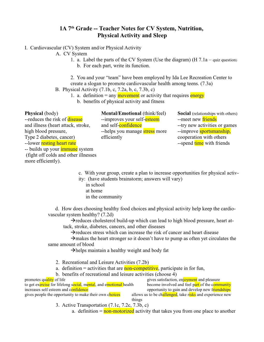 1A 7Th Grade Teacher Notes for CV System, Nutrition