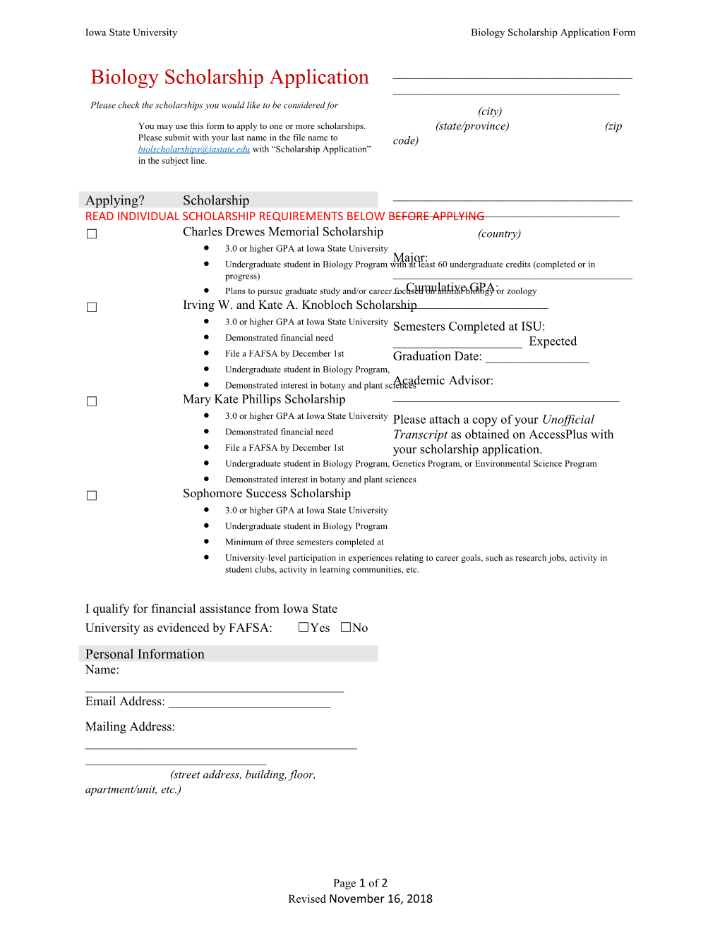 Iowa State Universitybiology Scholarship Application Form