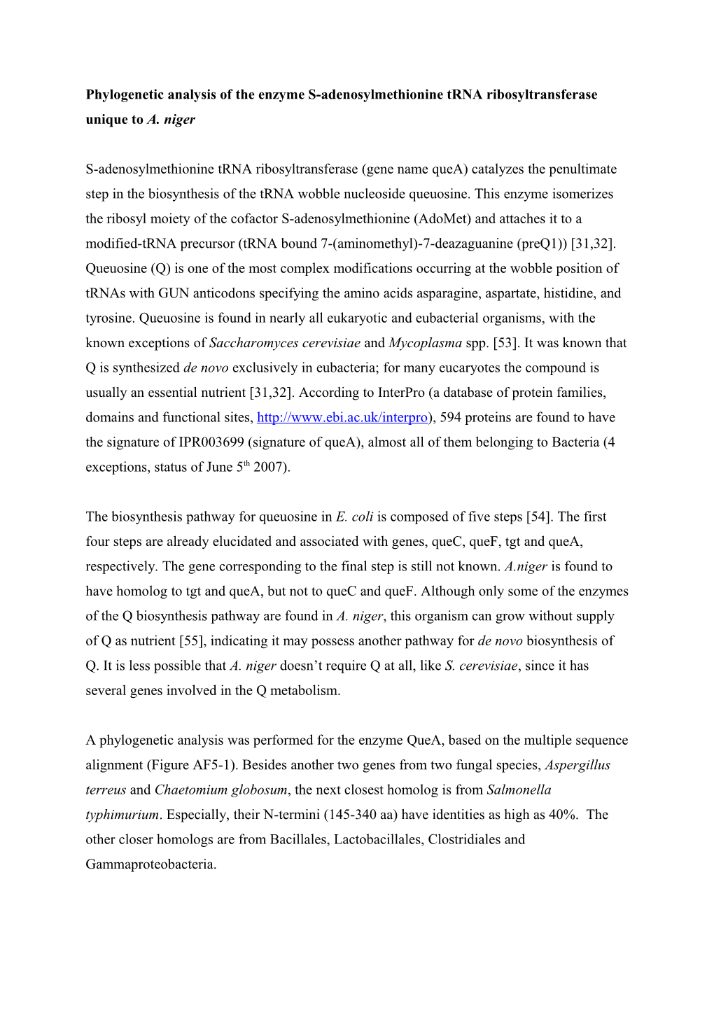 Phylogenetic Analysis of the Enzyme S-Adenosylmethionine Trna Ribosyltransferase Unique to A