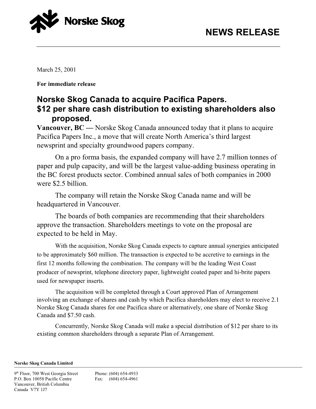 Norske Skog Canada to Acquire Pacifica Papers