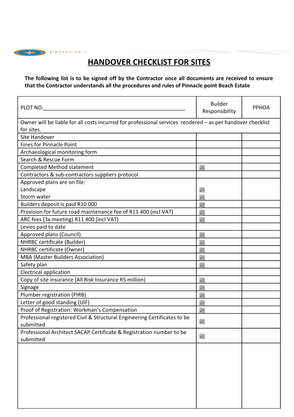 Handover Checklist for Sites