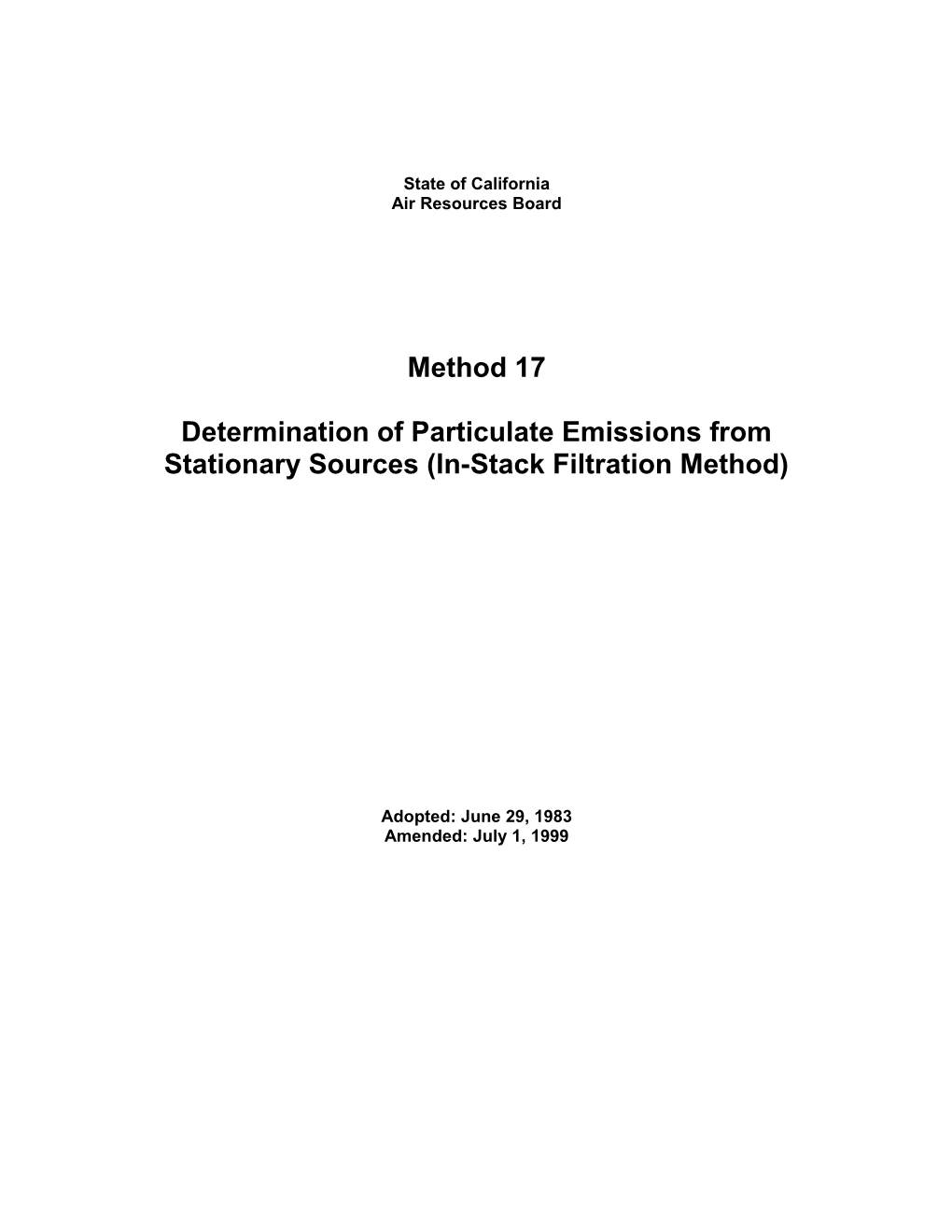 Test Method: Method 17 Determination of Particulate Emissions from Stationary Sources (In-Stack