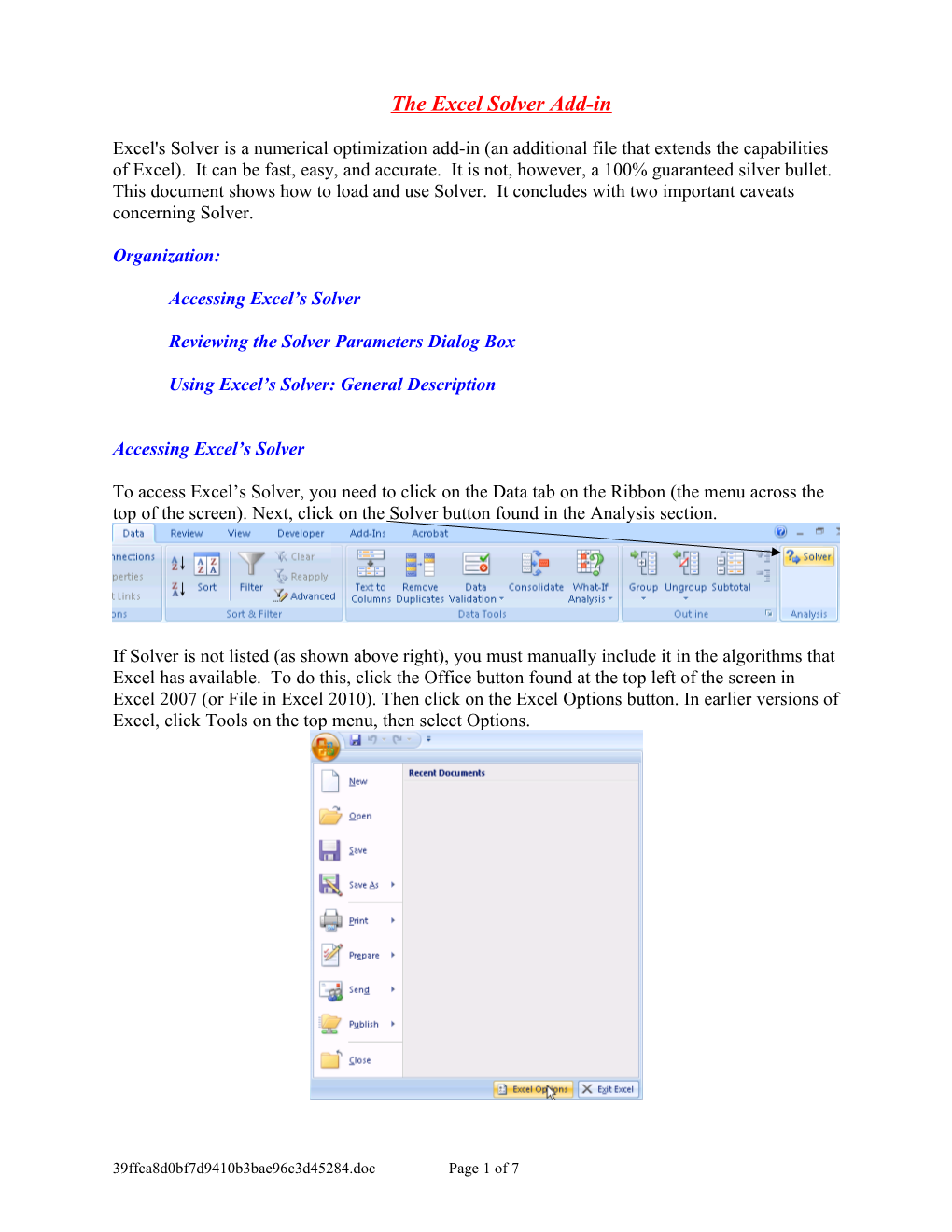 The Excel Solver Add-In