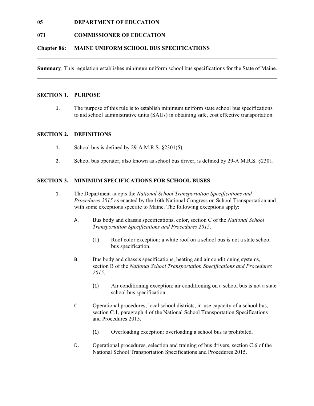 Chapter 86:MAINE UNIFORM SCHOOL BUS SPECIFICATIONS