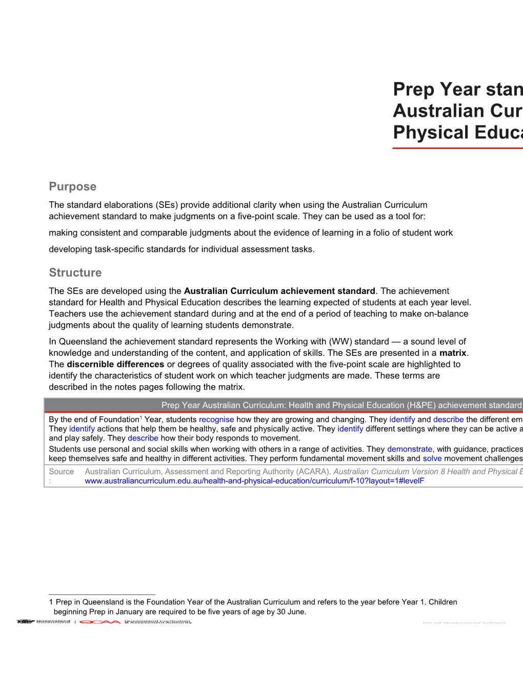 Prep Year Standard Elaborations Australian Curriculum: H&PE