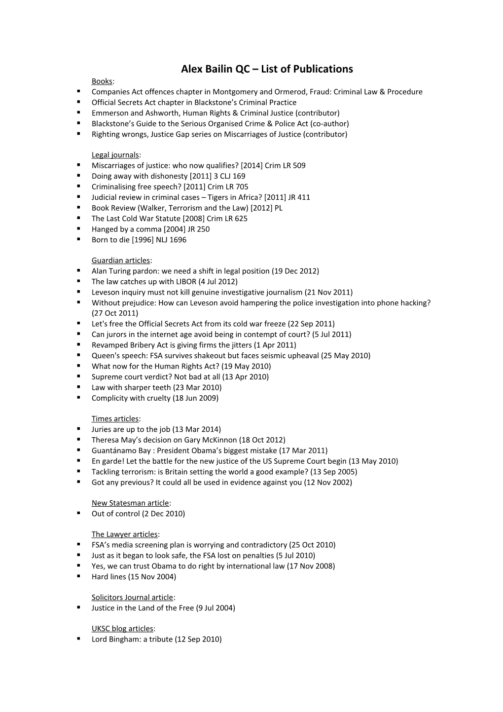 Alex Bailin QC List of Publications