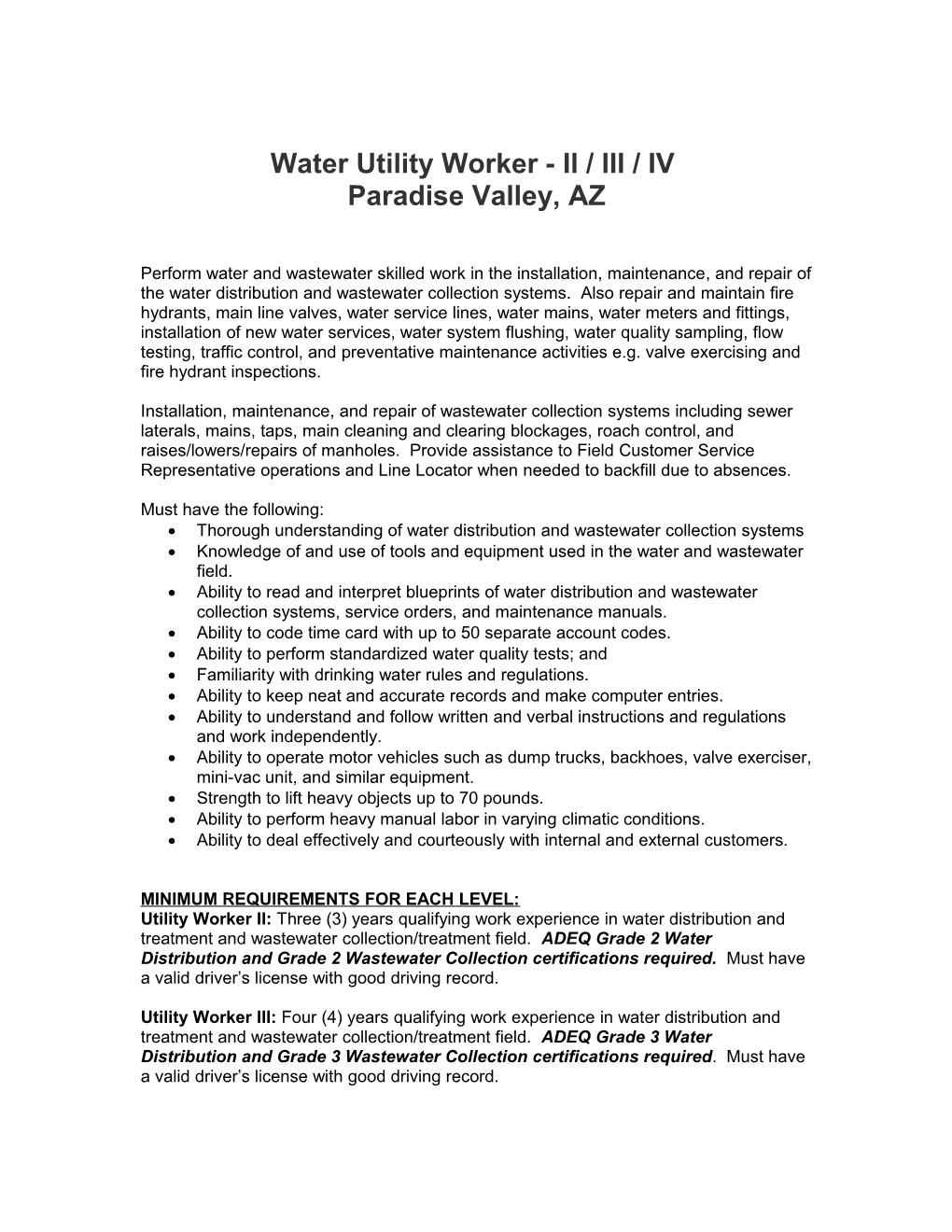 Water Utility Worker - II / III / IV