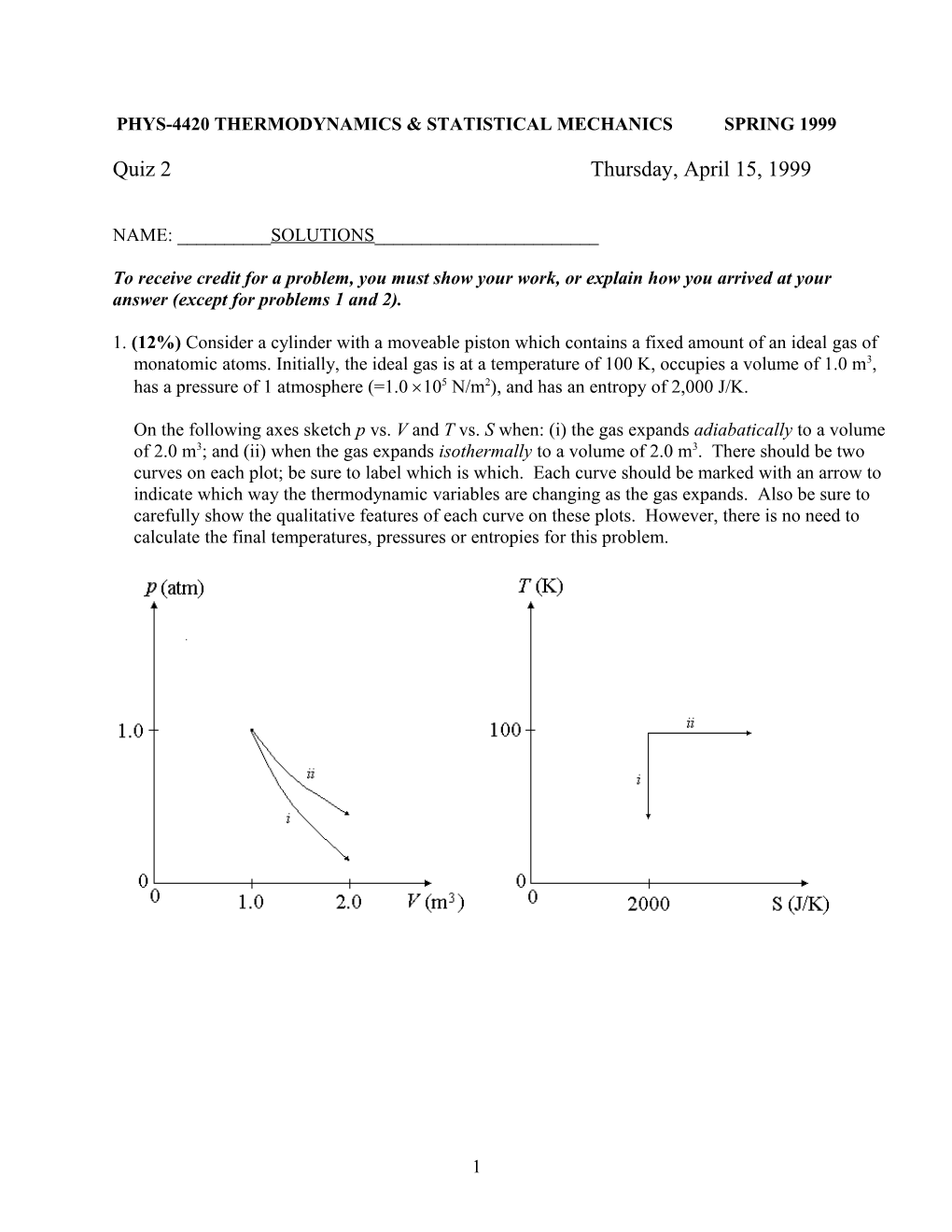 Phys-4420 Thermodynamics & Statistical Mechanics Spring 1999