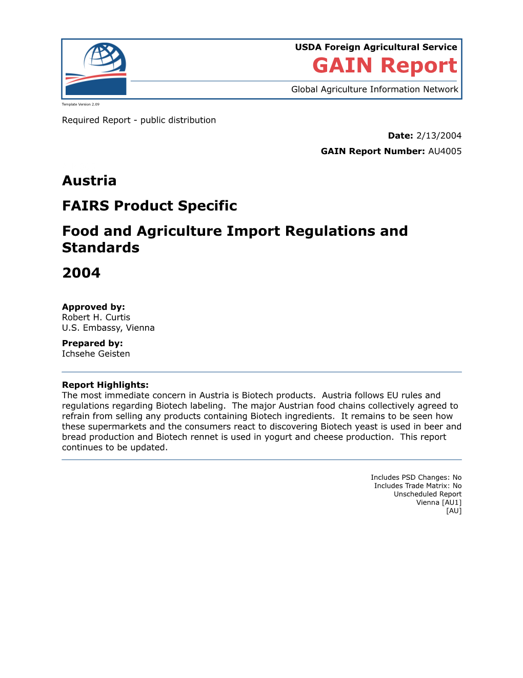 Food and Agriculture Import Regulations and Standards